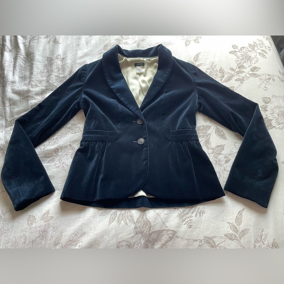 J Crew Eden Navy Blue Velvet Peplum Ruffle Blazer 0 Y2K Office Goth 17306 Work - Picture 2 of 10